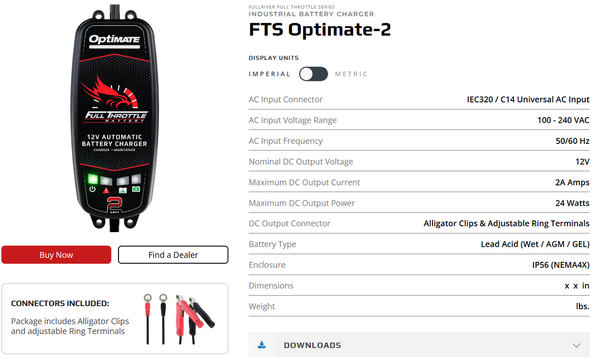 FullThrottle 12V 2Amp Battery Charger Maintainer