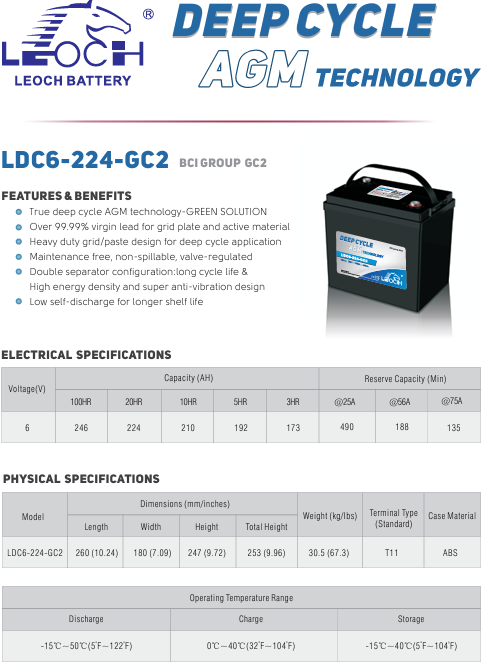 Leoch AGM 6V 224Ah LDC6-224 Insert Terminal