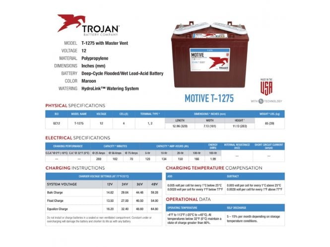 Trojan T-1275 Flooded Lead Acid Battery GC12
