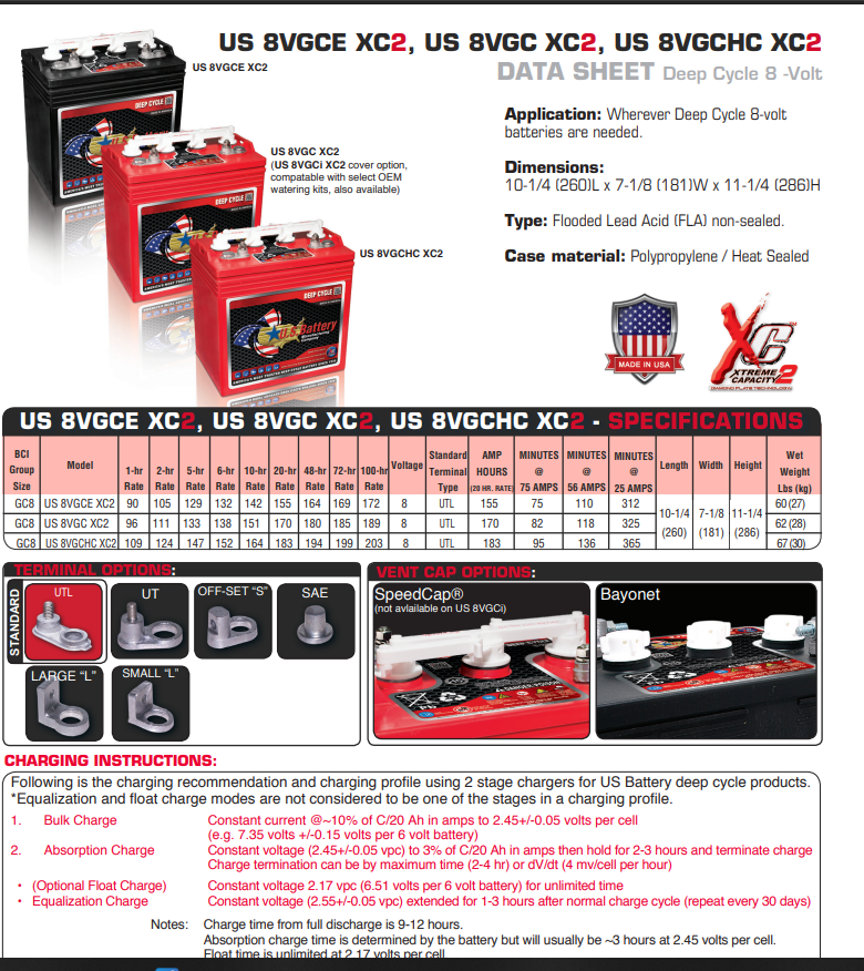 US Battery 8VGC XC2 170ah Golf Cart Battery
